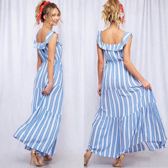 1 L LEFT Blue White Striped Button Down Ruffled Maxi Dress - Picture 3 of 11